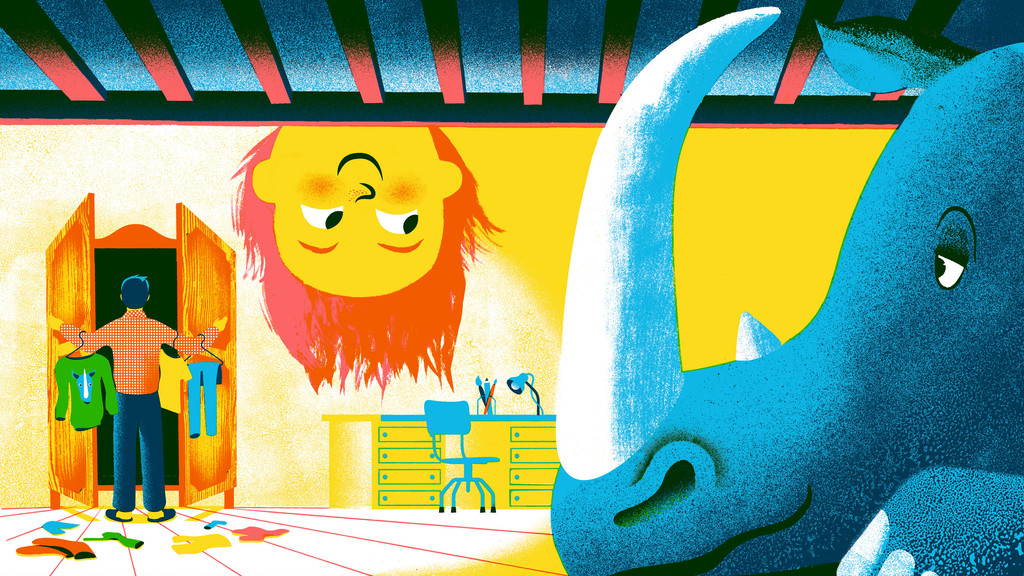 Von wegen: Kein Nashorn im Raum! Seite aus dem Bilderbuch "Ludwig und das Nashorn" von Noemi Schneider und dem Illustratoren-Duo "Golden Cosmos"