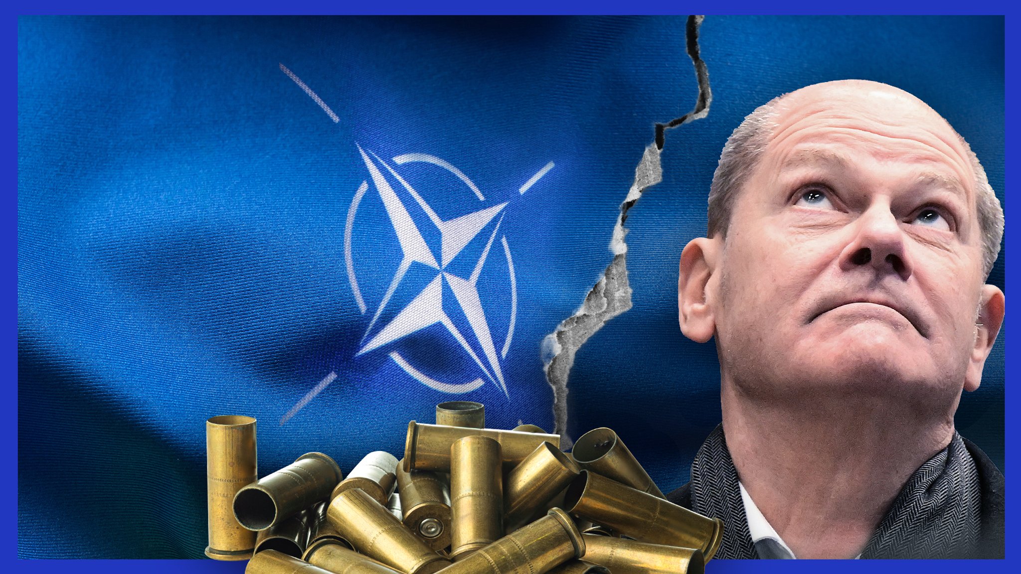 Im Vordergrund leere Patronenhülsen, im Hintergrund eine zerrissene Nato-Flagge, daneben ein Mann mit Halbglatze, der nachdenklich in die Luft guckt, es ist Bundeskanzler Olaf Scholz.