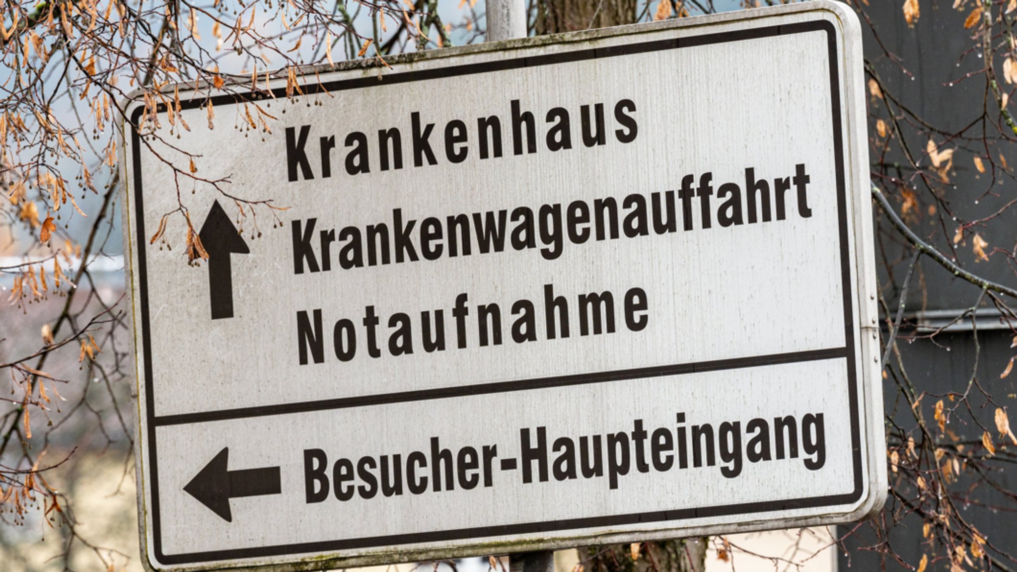 "Krankenhaus, Krankenwagenauffahrt, Notaufnahme" steht auf einem Schild vor dem Klinikum Freyung