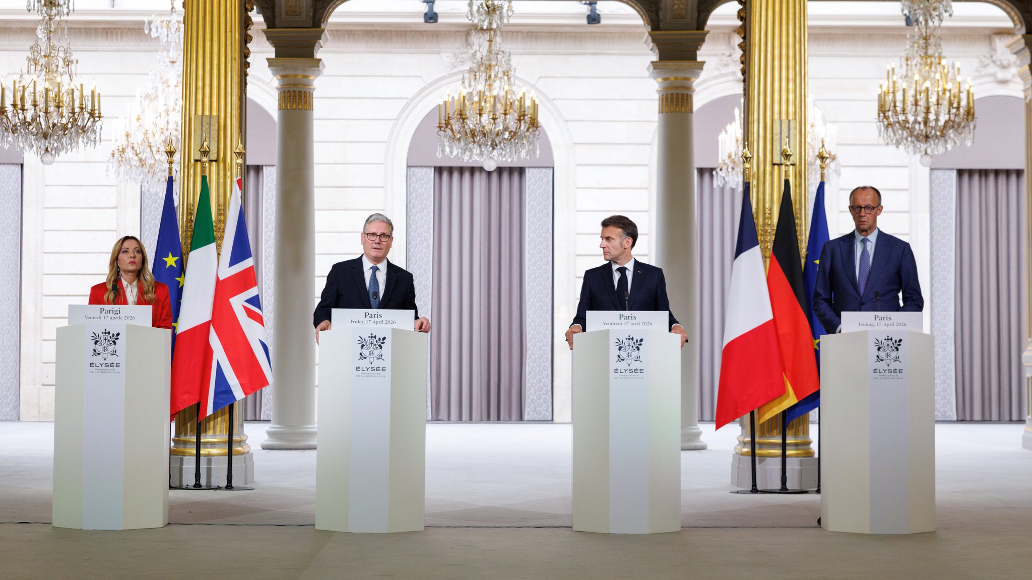 Premierministerin Meloni, Premierminister Starmer, Präsident Macron und Kanzler Merz bei einem Treffen zu Hormus in Paris