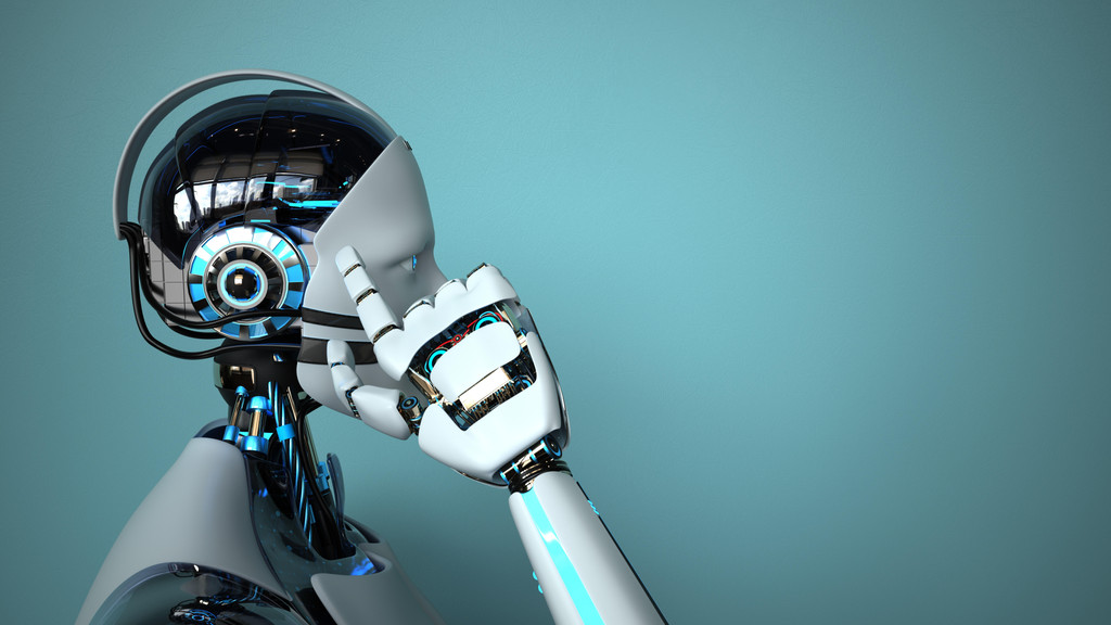 Humanoider Roboter tippt sich mit Finger an die Stirn.