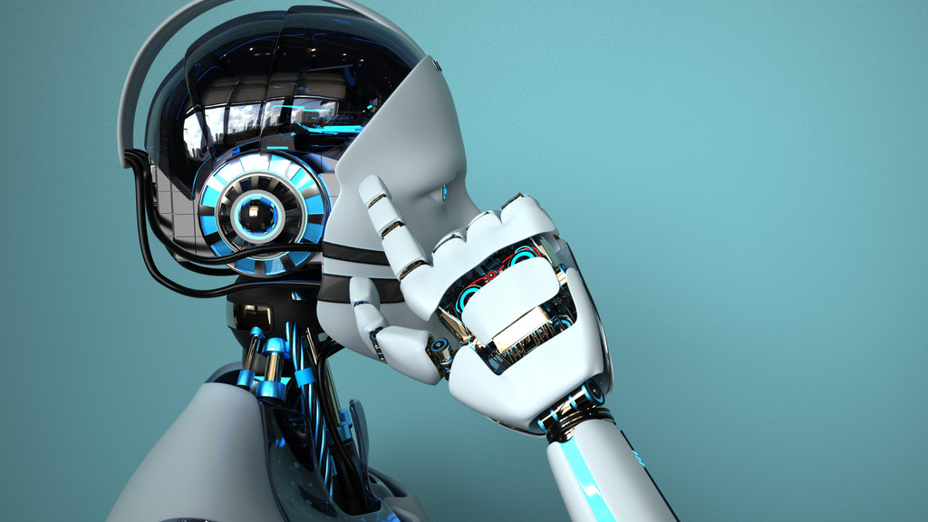 Humanoider Roboter tippt sich mit Finger an die Stirn.