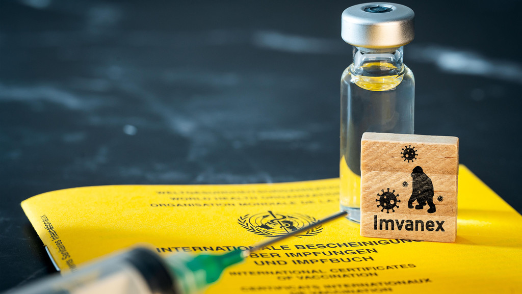 Impfpass der WHO, eine Spritze und ein Holzwürfel mit Aufschrift IMVANEX