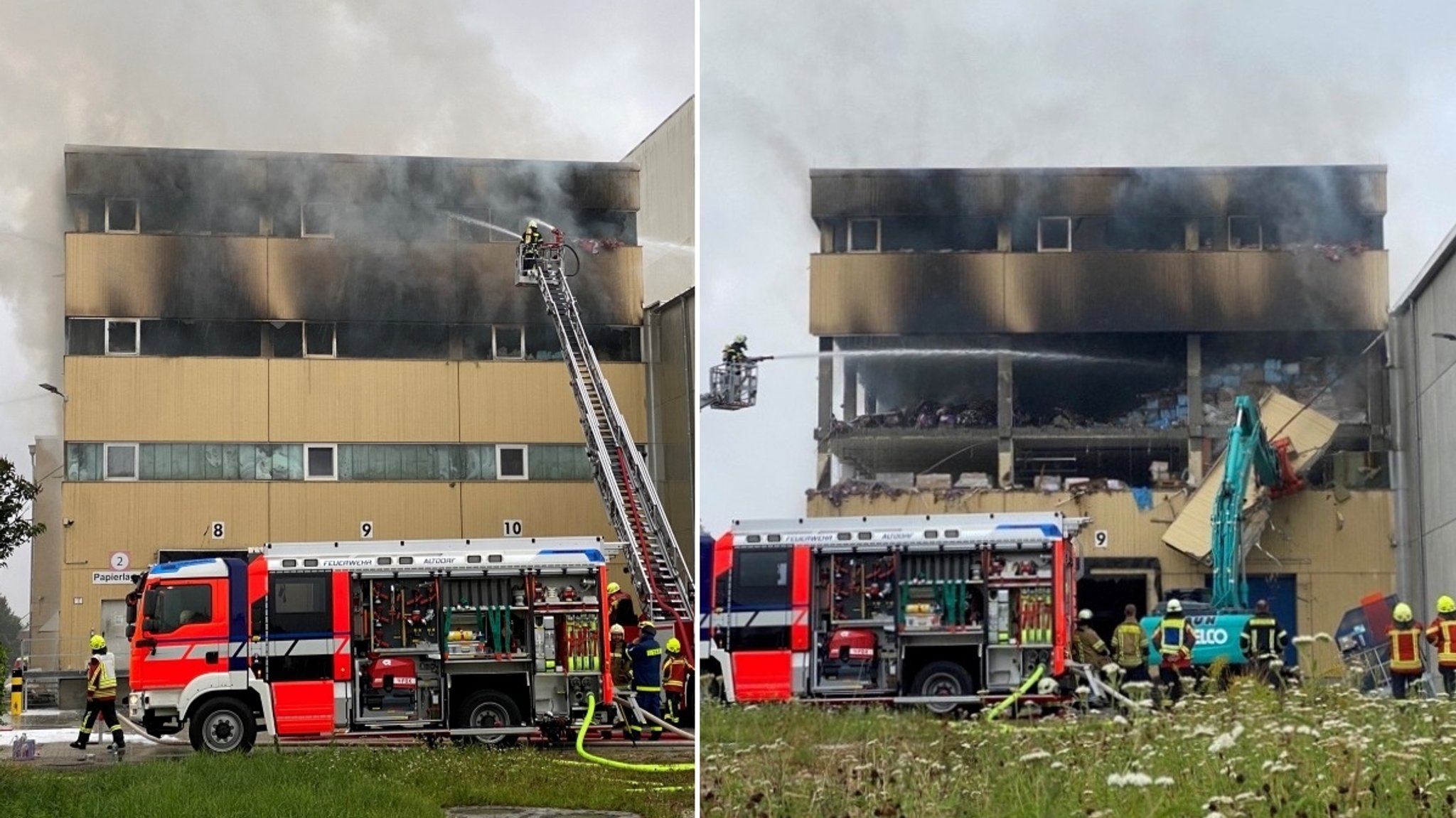 Da die Feuerwehr nur von außen löschen kann, hat sie die Fassade des Lagergebäudes entfernt