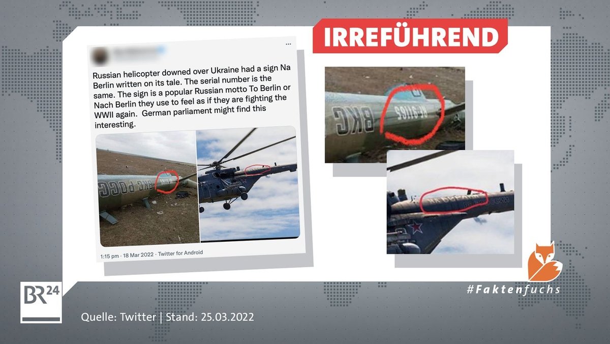 Auf einem russischen Helikopter steht die Aufschrift "Nach Berlin" - als er in der Ukraine abgeschossen wurde, jedoch nicht mehr. 