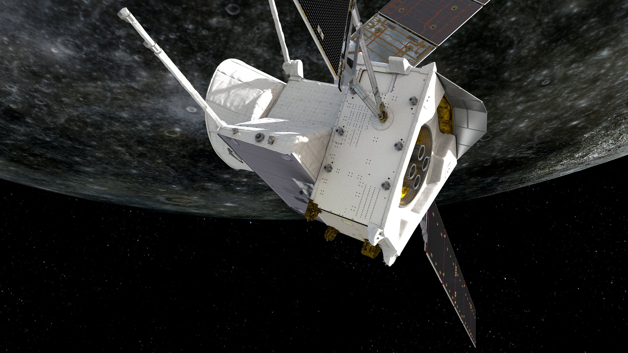 Raumsonde BepiColombo in der Umlaufbahn des Merkur (künstlerischen Darstellung) | Bild: ESA Raumsonde BepiColombo in der Umlaufbahn des Merkur (künstlerischen Darstellung)