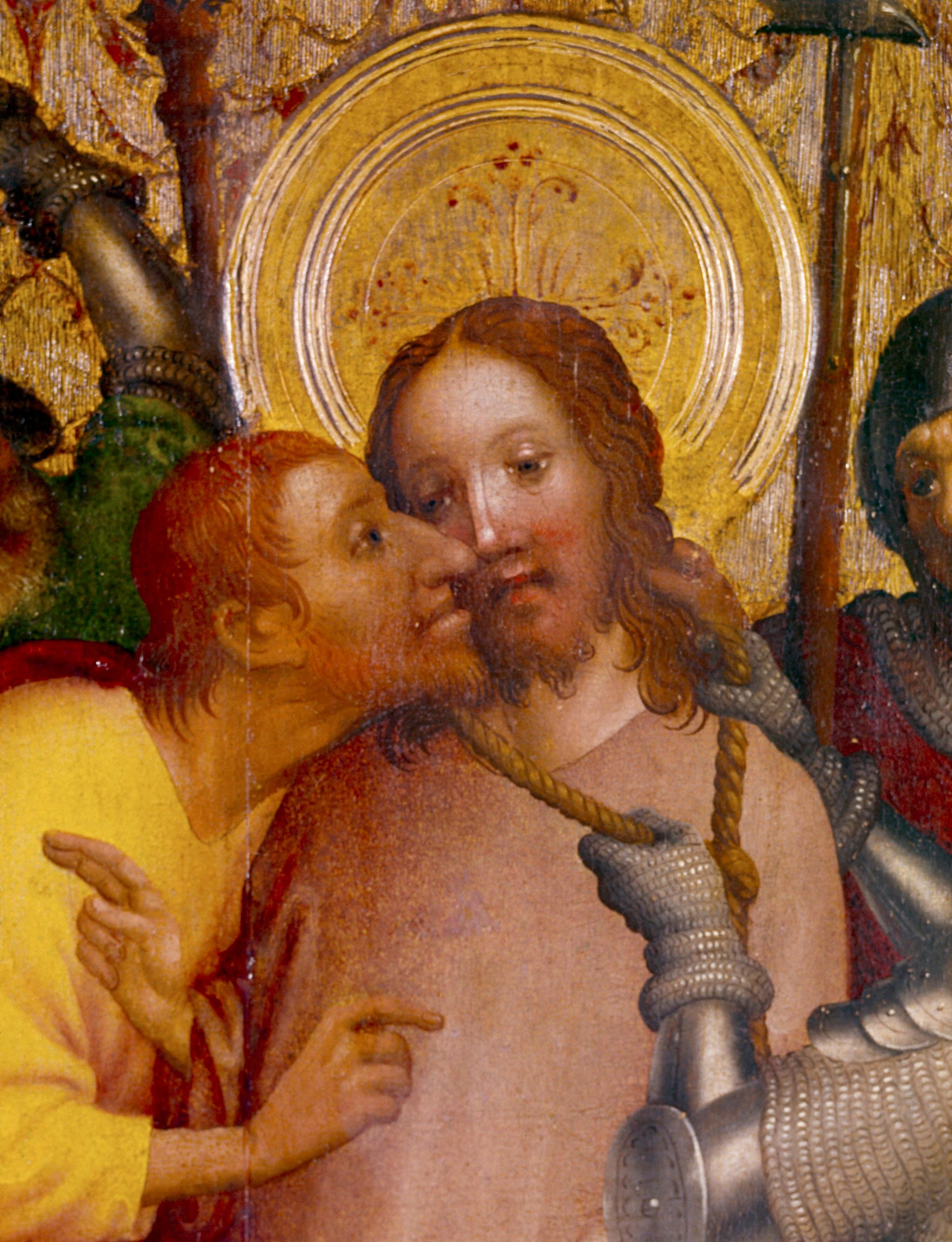 Der Judaskuss, Ausschnitt aus der Gefangennahme Christi, vom Meister des Heisterbacher Altars, Alte Pinakothek München.