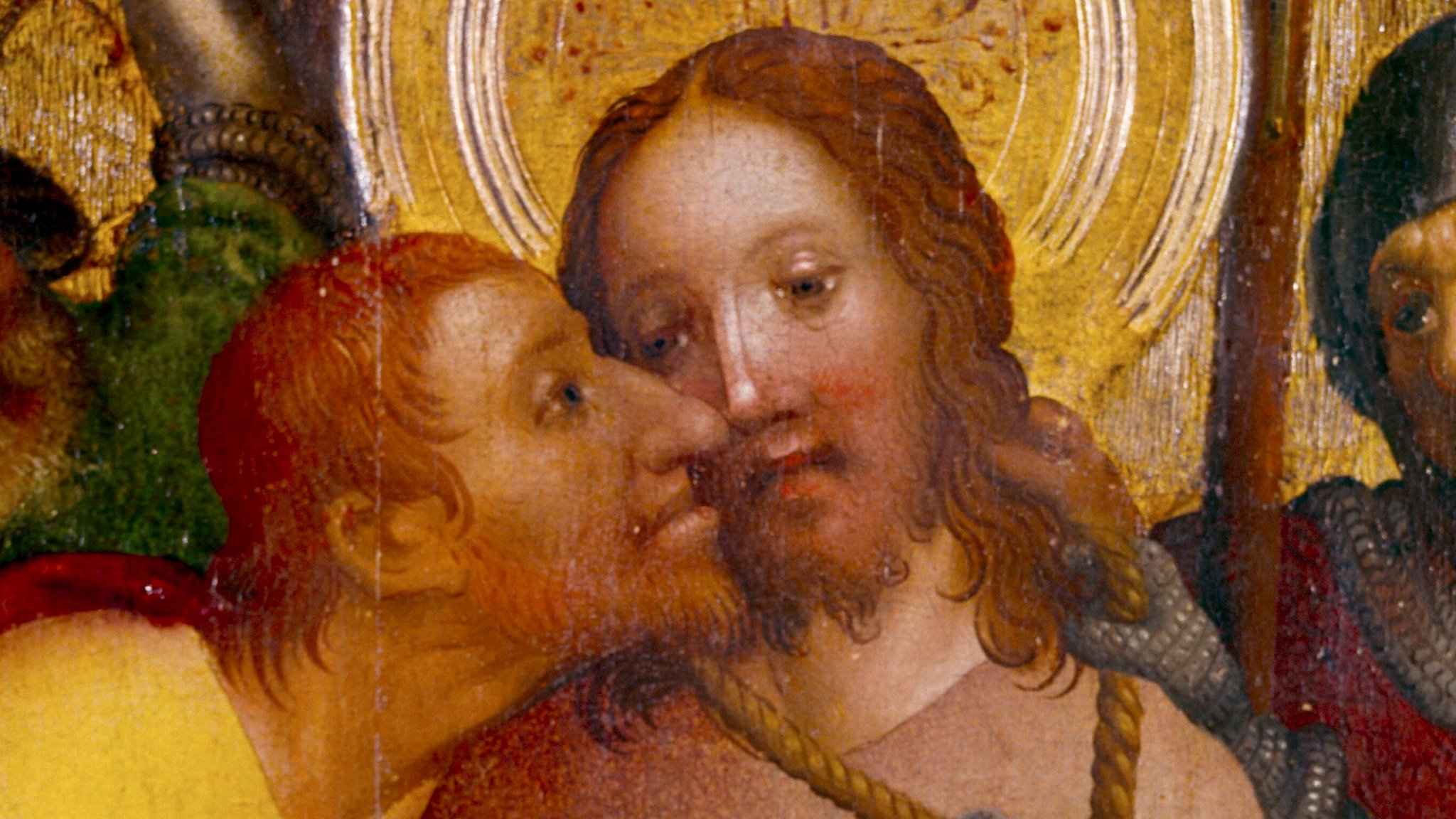 Der Judaskuss, Ausschnitt aus der Gefangennahme Christi, vom Meister des Heisterbacher Altars, Alte Pinakothek München.