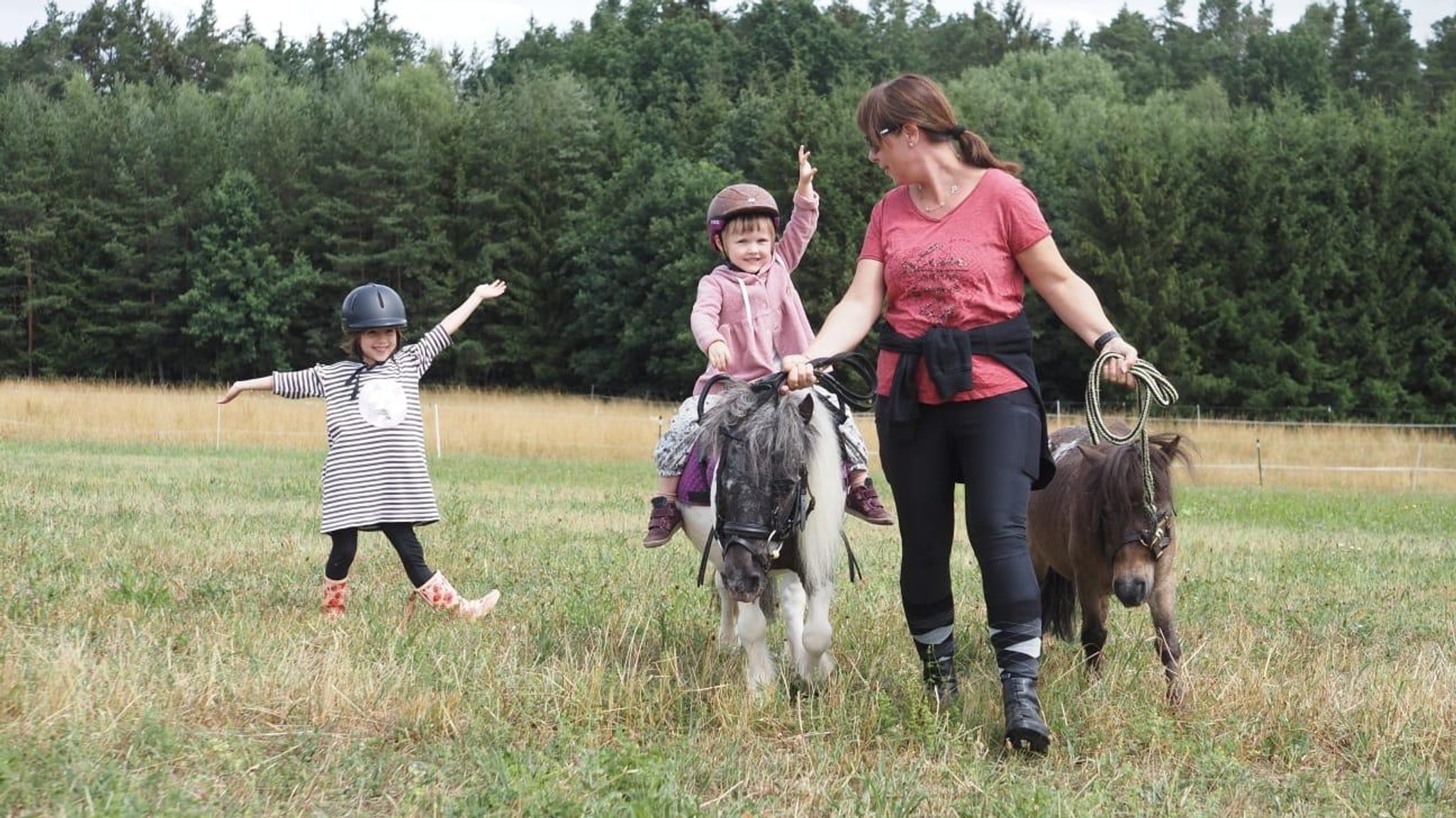 Kinder und Ponys tollen über eine Wiese. 