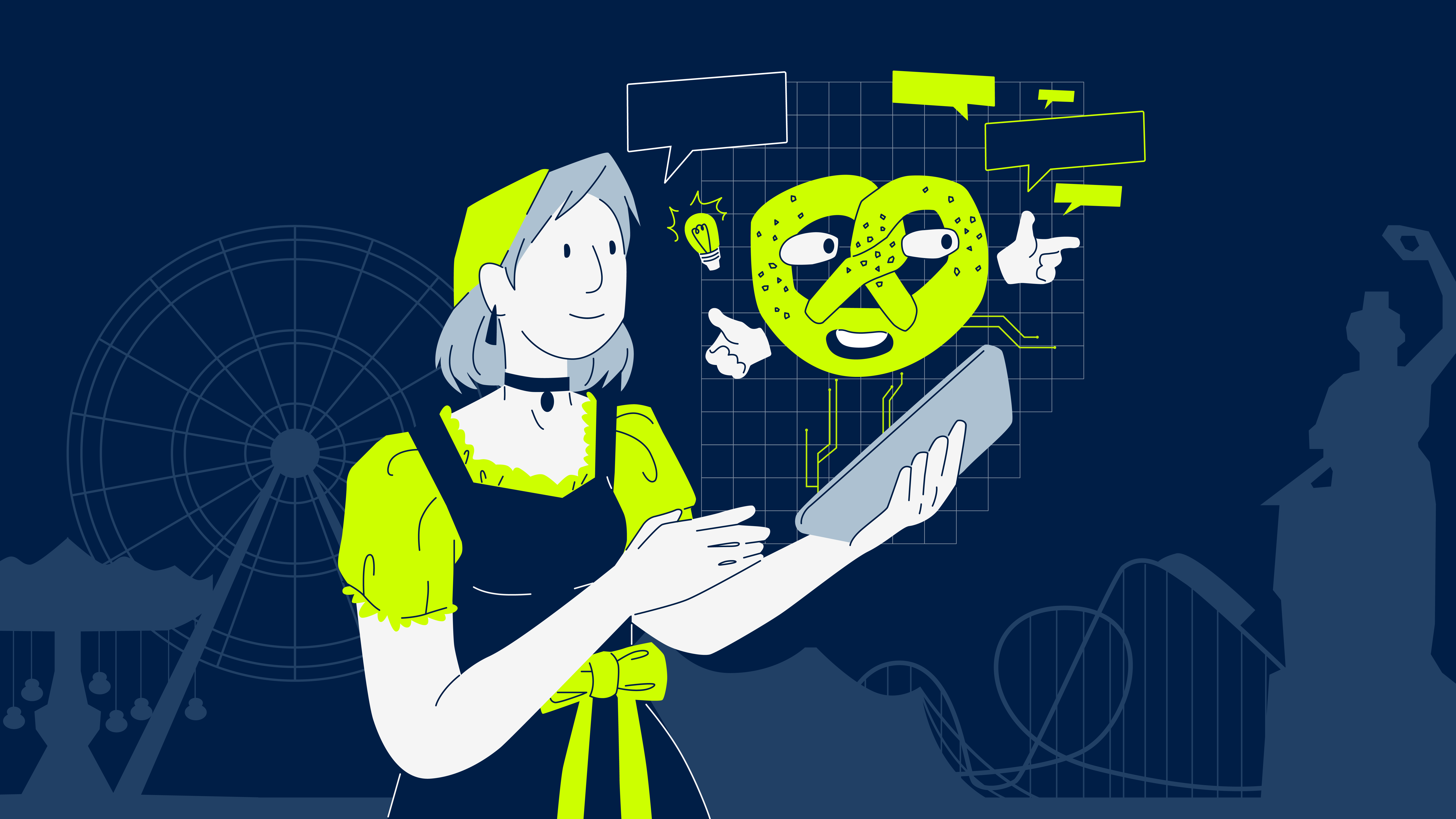 Eine Frau im Dirndl chattet vor Wiesn-Kulisse mit dem "BreznBot" auf einem Tablet.