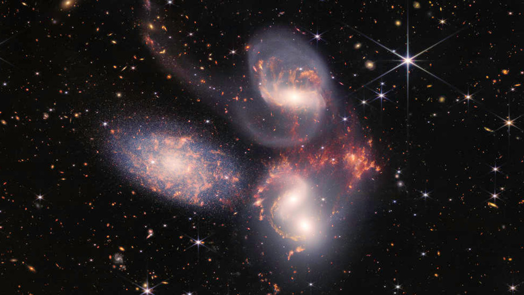 Der Ausschnitt des bislang größten Bildes des James Webb-Weltraumteleskops zeigt eine Galaxiengruppe namens Stephans Quintett. 