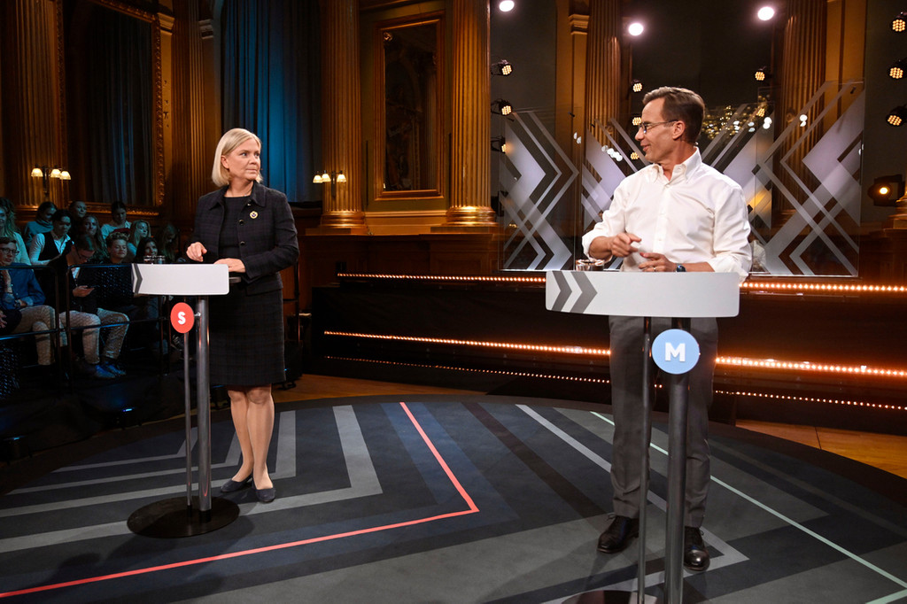 Die schwedische Ministerpräsidentin und Vorsitzende der Sozialdemokraten, Magdalena Andersson sowie Gegenkandidaten Ulf Kristersson vor der Wahl.