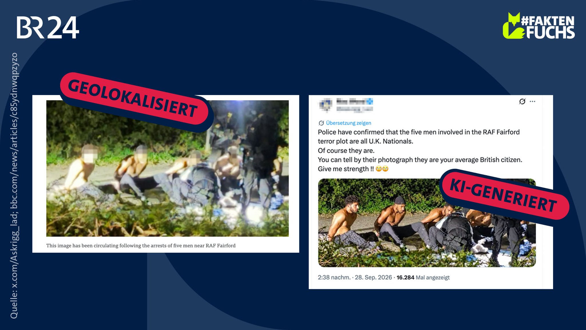 Das Original links ist unscharf. Rechts: Das KI-generierte, scharfe Bild mit erfundenen Gesichtern. | Bild: BR Grafik / bbc.com/news/articles/c85ydnwqpzyzo; x.com/Askrigg_lad Das Original links ist unscharf. Rechts: Das KI-generierte, scharfe Bild mit erfundenen Gesichtern.