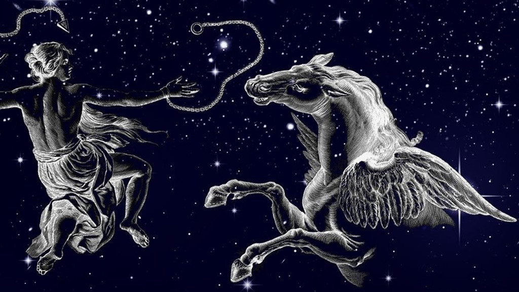 Symbolische Darstellung der Sternbilder Pegasus und Andromeda vor dem Sternenhimmel