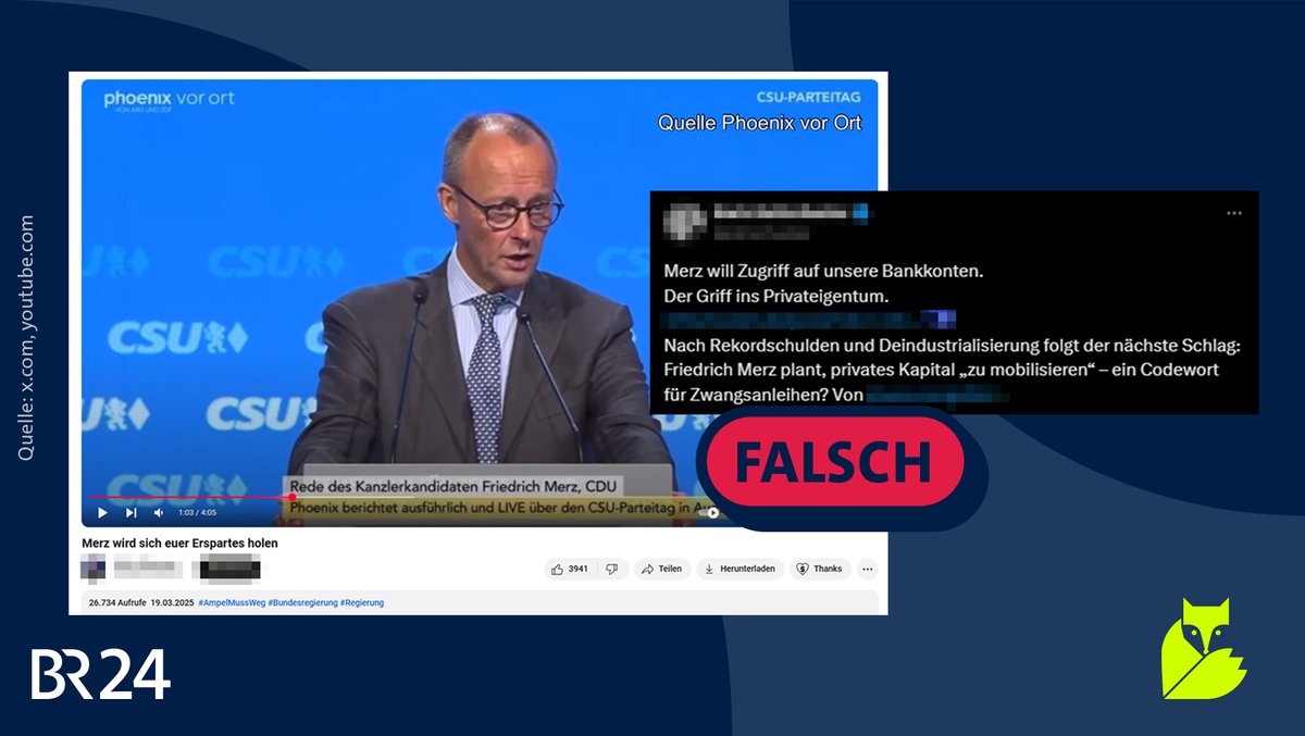 Screenshot eines YouTube-Videos mit dem Titel "Merz will sich euer Erspartes holen" und der Screenshot eines Posts auf "X" mit derselben Aussage. | Bild: BR Grafik Screenshot eines YouTube-Videos mit dem Titel "Merz will sich euer Erspartes holen" und der Screenshot eines Posts auf "X" mit derselben Aussage.