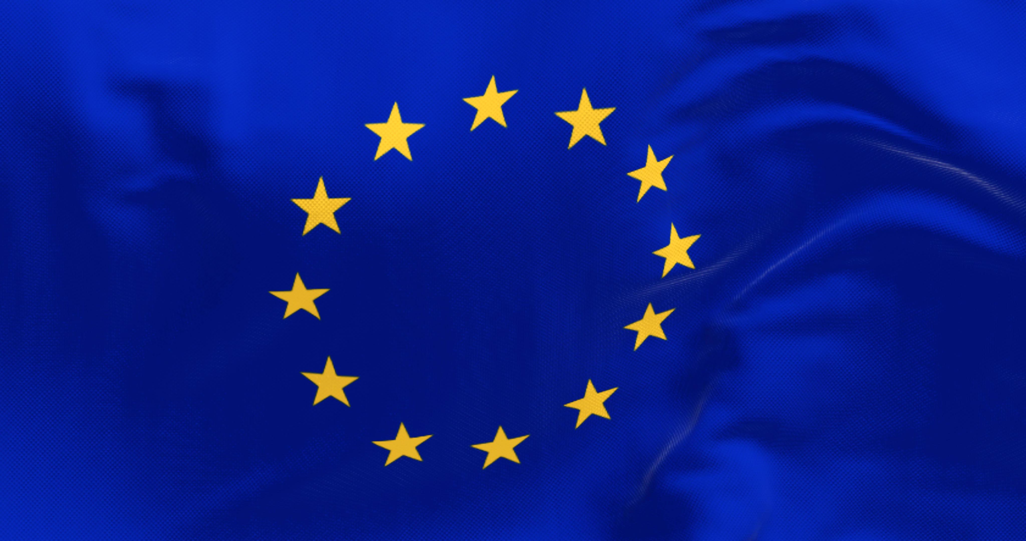 Kommission - Parlament - Rat: So funktioniert Europa. Sie zeigt einen Kreis aus zwölf goldenen Sternen auf blauem Hintergrund. Die Sterne stehen für die Werte Einheit, Solidarität und Harmonie zwischen den Völkern Europas.