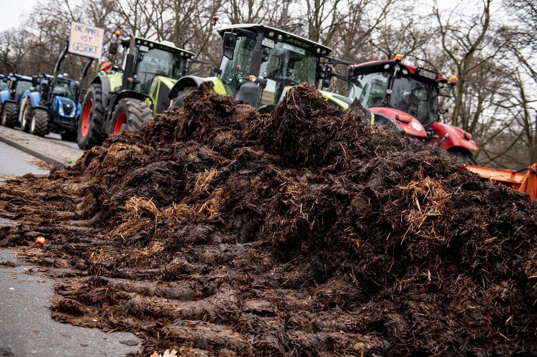 Auf einer Demonstration des Deutschen Bauernverbandes unter dem Motto "Zu viel ist zu viel! Jetzt ist Schluss!" hat ein Teilnehmer eine Wagenladung Mist ausgekippt.