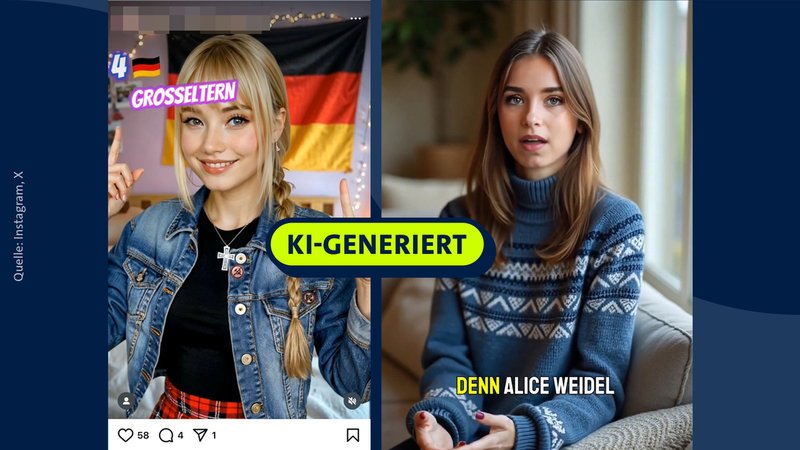 KI-Profile auf X und Instagram machen Wahlkampf für die AfD | Bild: Collage: BR KI-Profile auf X und Instagram machen Wahlkampf für die AfD