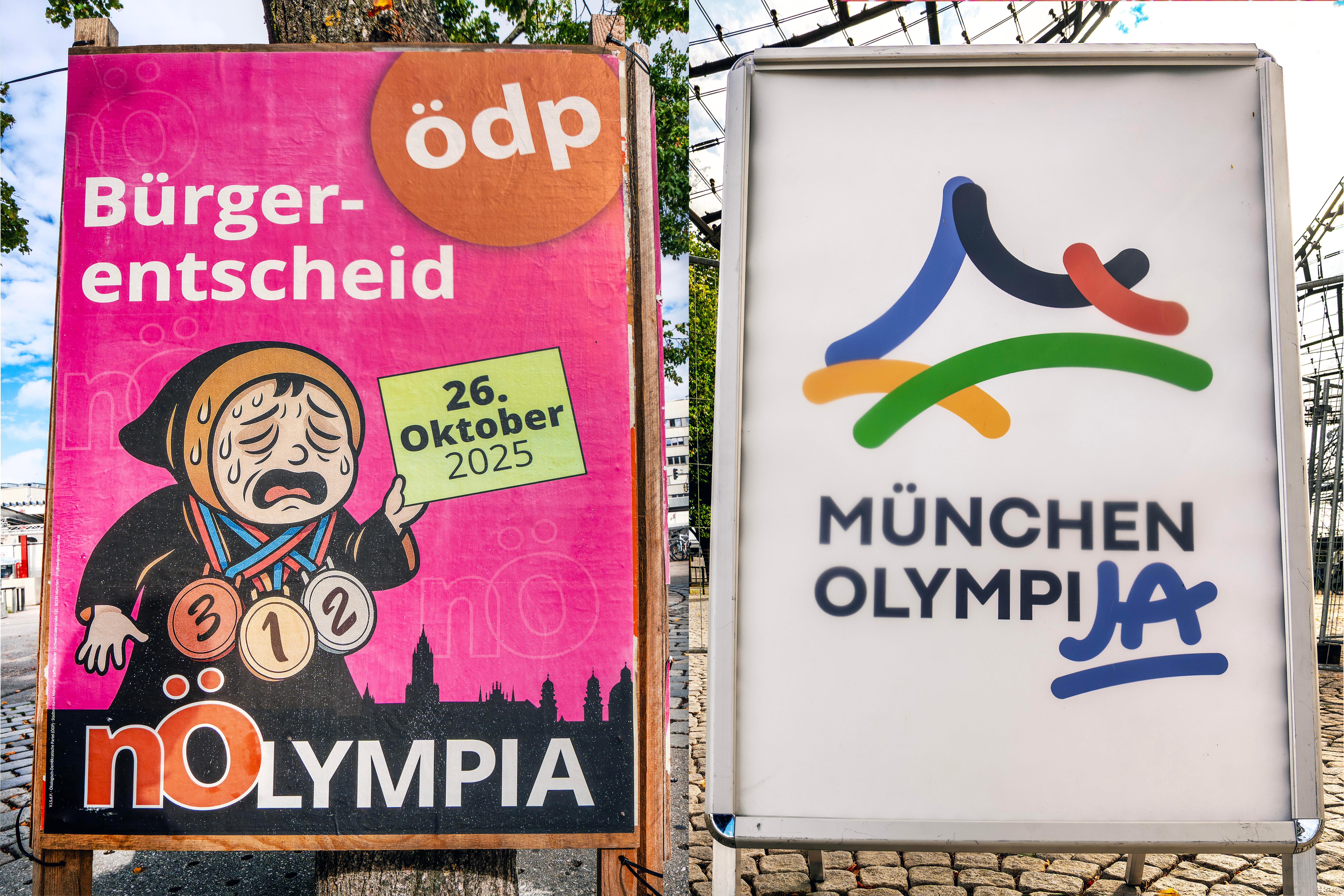 Werbekampagnen von Befürwortern und Gegnern Olympischer Sommerspiele in München vor dem geplanten Bürgerentscheid am 26. Oktober
