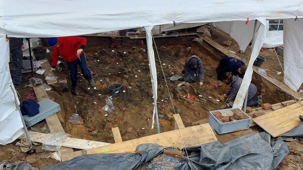 Archäologen bei Ausgrabungen zwischen Knochen. | Bild:BR24/Florian Deglmann