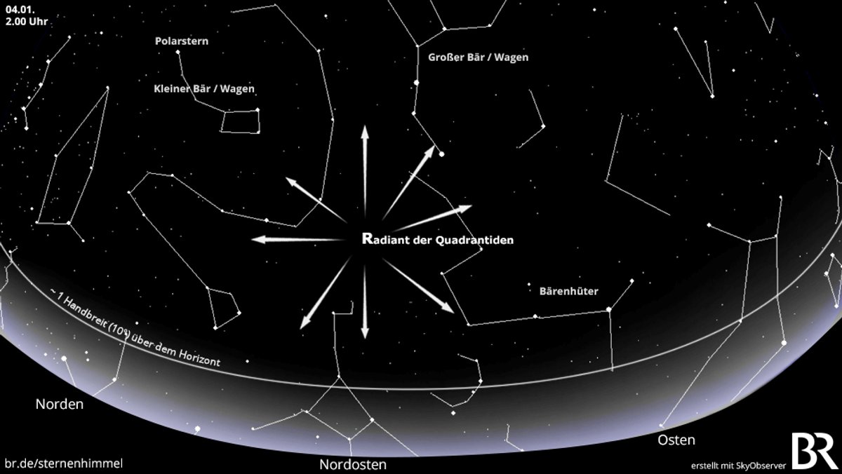 Sternkarte für den Meteorstrom der Quadrantiden am 4. Januar 2020