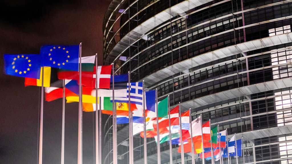 Straßburg: Die Flaggen der europäischen Mitgliedsstaaten wehen vor dem Gebäude des Europäischen Parlaments in Strasbourg. 