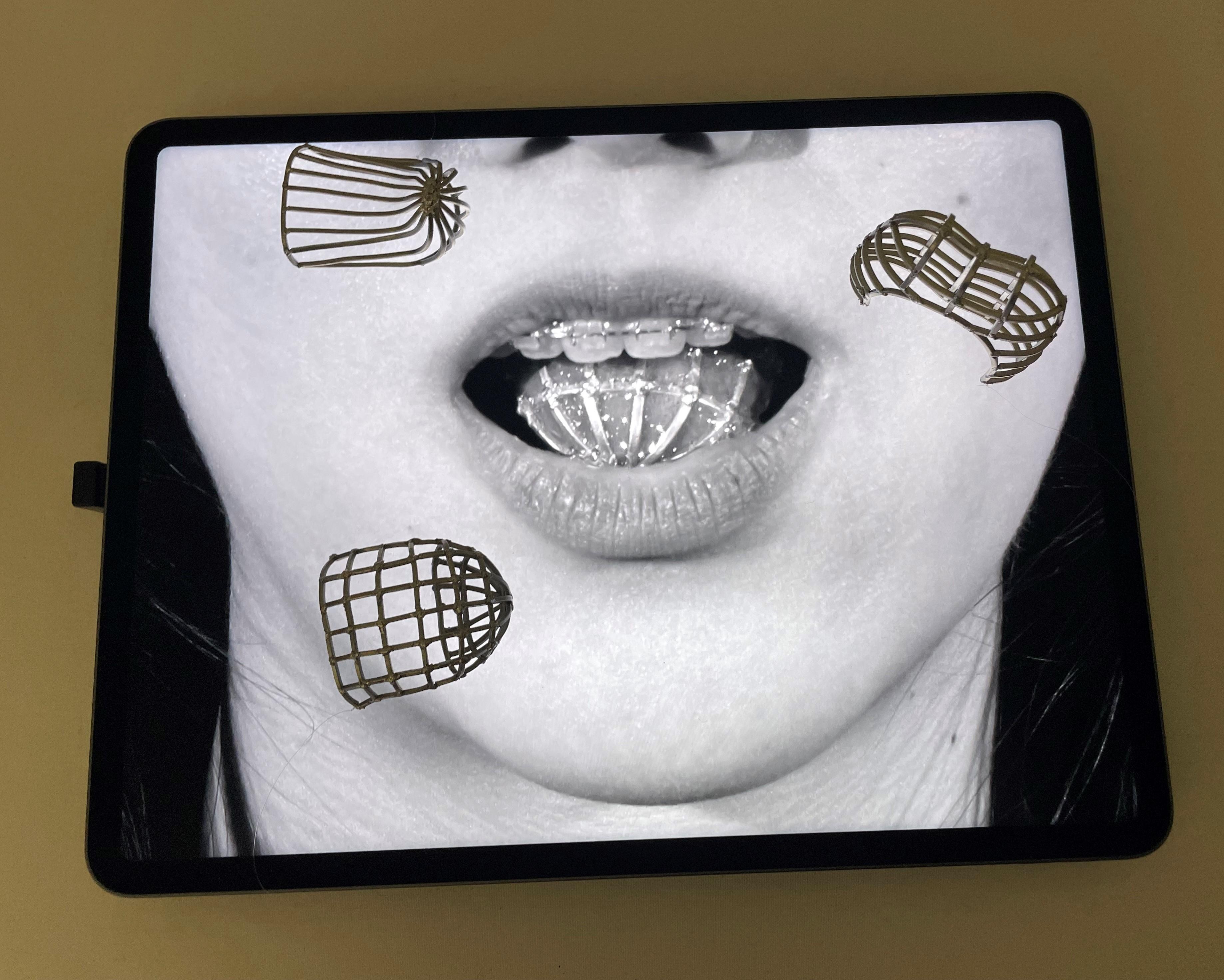 Kleine Metallkäfige in verschiedenen Formen, die über die Zungen gestülpt werden zwängen sie in eine bestimmte Position zwängen. Werk der Schmuckküstlerin Danni Chen.