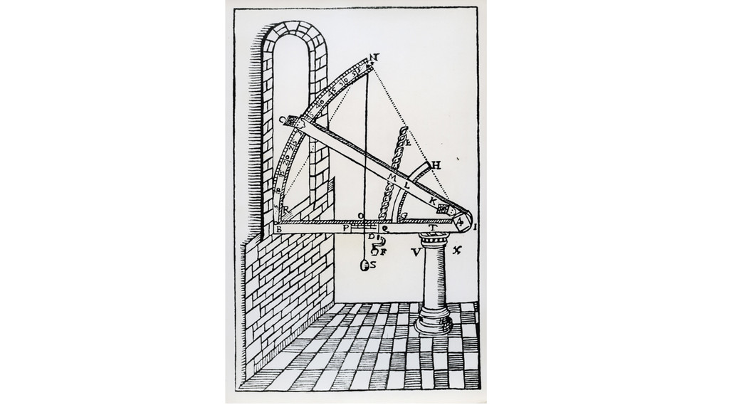 Sextant aus Holz zur Sternenbeobachtung, Abbildung aus "Astronomiae instaurate mechanica" von Tycho Brahe