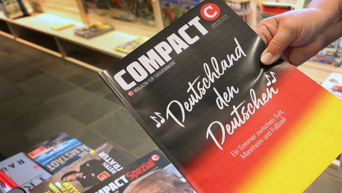 Eine Mitarbeiterin einer Bahnhofsbuchhandlung hält eine Ausgabe des Magazins "Compact" hoch