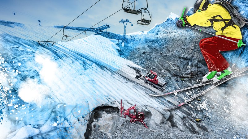 Skifahrer springt auf Piste, die mit Baggern gebaut wird