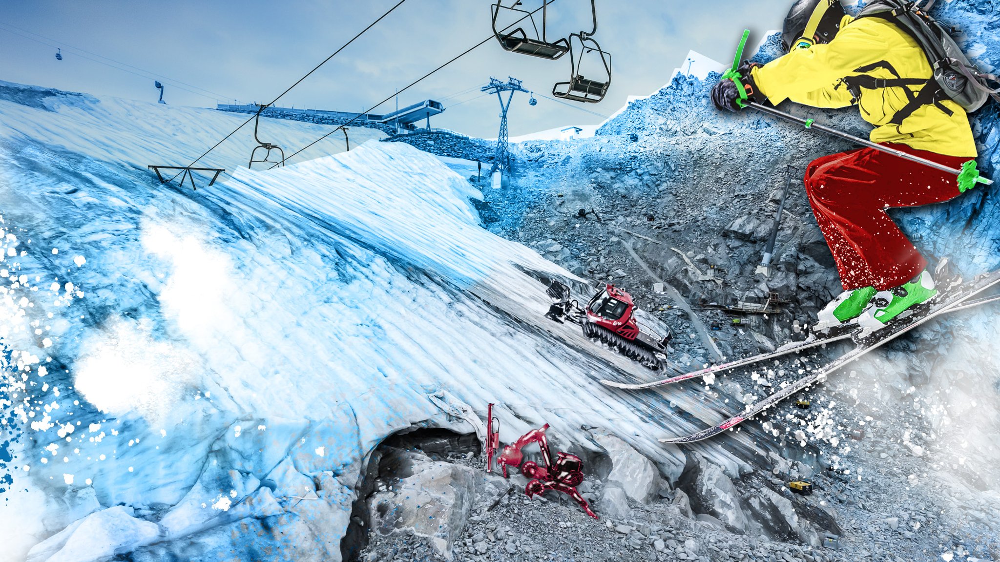 Skifahrer springt auf Piste, die mit Baggern gebaut wird