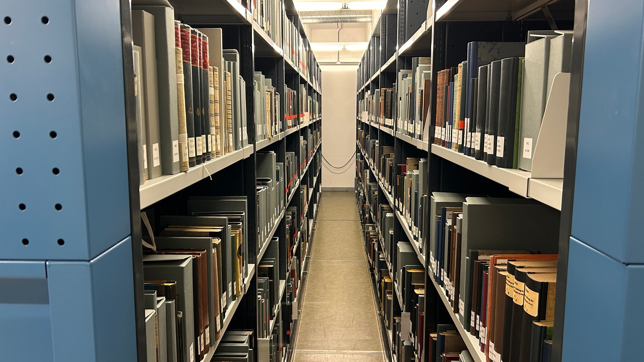 Bücher aus dem ehemaligen "Stürmer-Archiv" lagern im Magazin der Stadtbibliothek Nürnberg. 