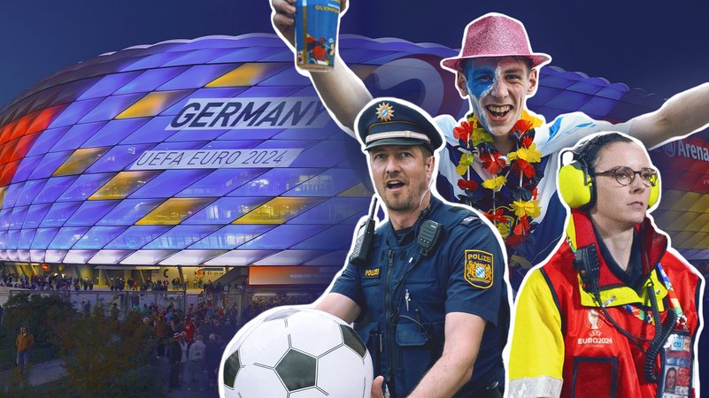 Polizist, Rettungssanitäter und Fan vor EM Stadion | Bild: picture alliance/dpa | Stefan Puchner, picture alliance / SvenSimon | Frank Hoermann/SVEN SIMON, picture alliance / SvenSimon | Malte Ossowski/SVEN SIMON, picture alliance / CHROMORANGE | Michael Bihlmayer; Montage: BR Polizist, Rettungssanitäter und Fan vor EM Stadion