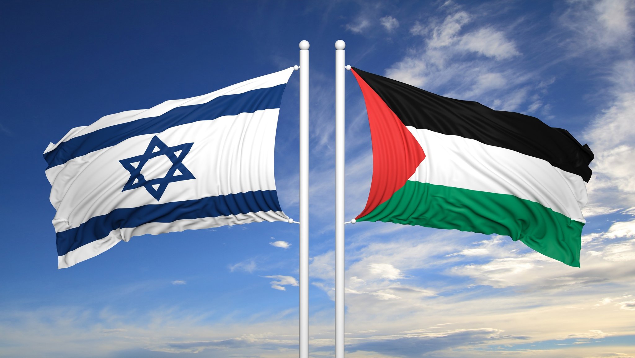 Die israelische und die palästinensische Flagge wehen im Wind. | Bild: stock.adobe.com/viperagp Die israelische und die palästinensische Flagge wehen im Wind.