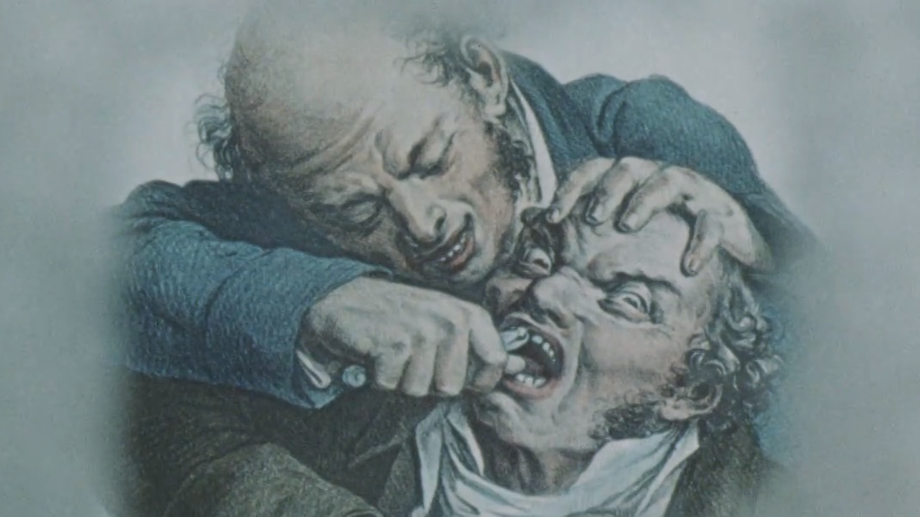 Ein Mann beugt sich von hinten über einen anderen und zieht ihm mit einer Zange eine Zahn.
