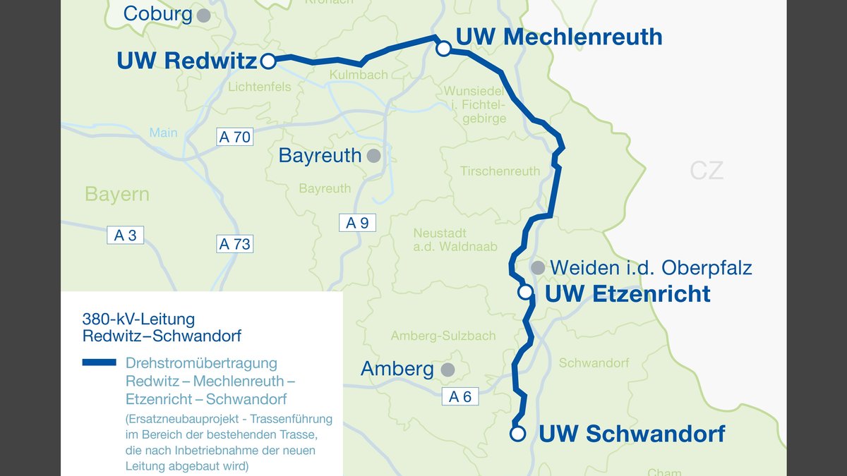 Verlauf des gesamten Ostbayernrings zwischen den Umspannwerken Schwandorf und Redwitz