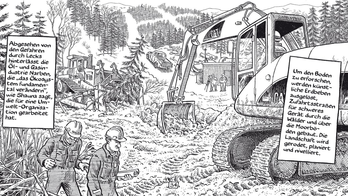 Ausschnitt aus einer Seite von Joe Saccos großer Comic-Reportage "Wir gehören dem Land". Das Bild zeigt die Zerstörung von Wäldern durch den Abbau von Rohstoffen.