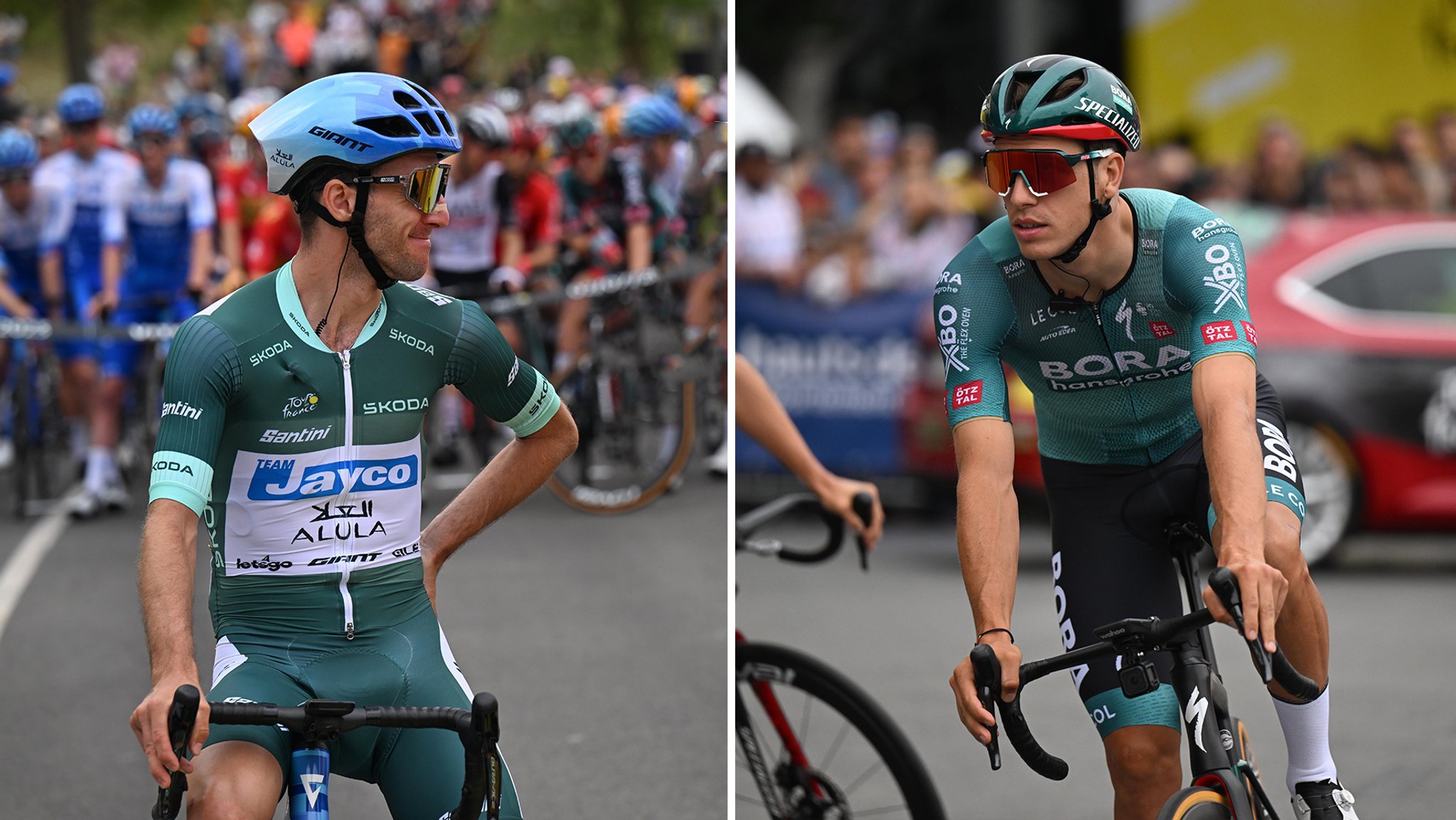 Simon Yates im Grünen Trikot des Punktbesten (l.) und Danny van Poppel im grünen Bora-Trikot