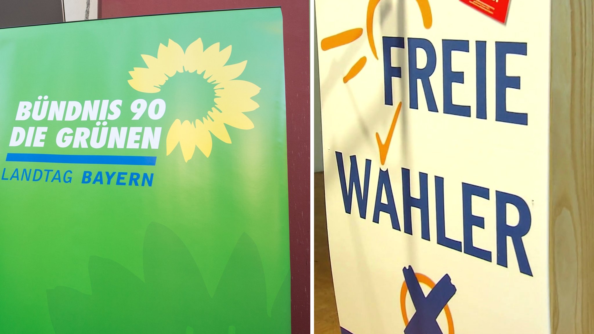 Logos von den Freien Wählern und den Grünen. Video: Die meisten Sympathien hat eine schwarz-grüne Koalition. Aber auch die Freien Wähler bieten sich an. Aber könnten sie mit der CSU?