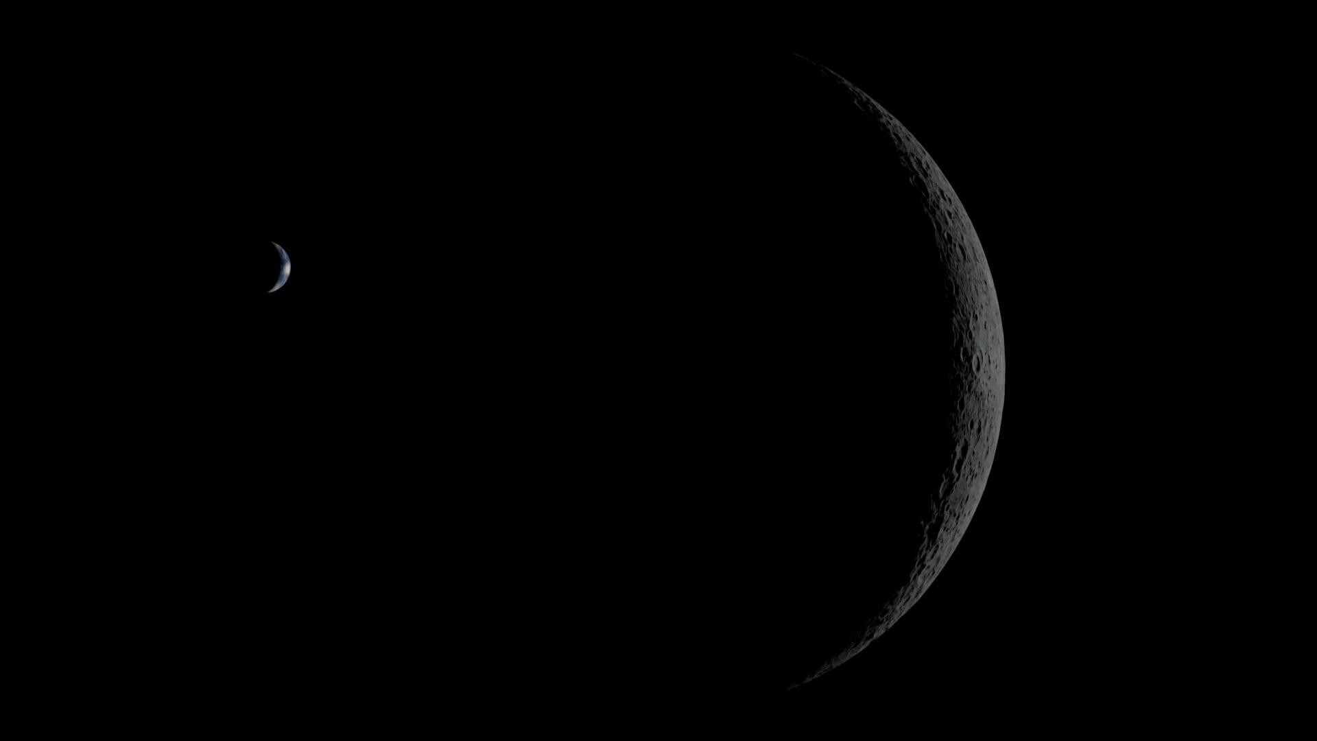Animation der Artemis-Kapsel vor dem dunklen Mond