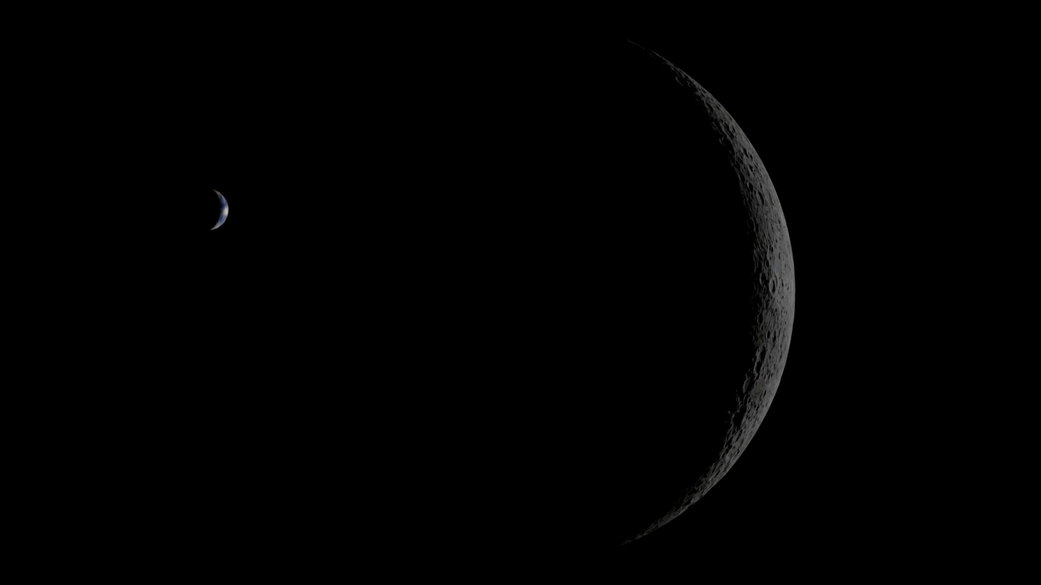 Animation der Artemis-Kapsel vor dem dunklen Mond