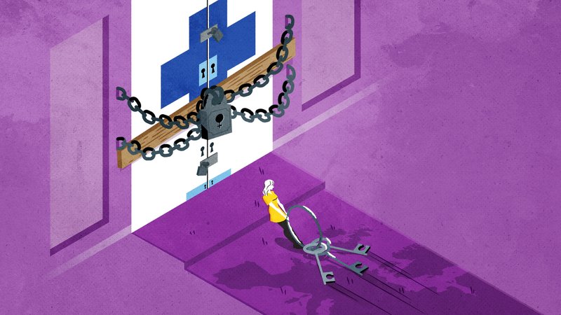 Frauen sind außen vor: eine Frau schleppt mühsam einen überdimensionierten Schlüsselbund. Der Zugang zur Gesundheit, symbolisiert durch eine weiße Tür mit blauem Kreuz, ist durch Balken und Vorhängeschlösser gesichert - und bleibt der Frau somit verwehrt. | Bild: Ann-Sophie De Steur Frauen sind außen vor: eine Frau schleppt mühsam einen überdimensionierten Schlüsselbund. Der Zugang zur Gesundheit, symbolisiert durch eine weiße Tür mit blauem Kreuz, ist durch Balken und Vorhängeschlösser gesichert - und bleibt der Frau somit verwehrt.