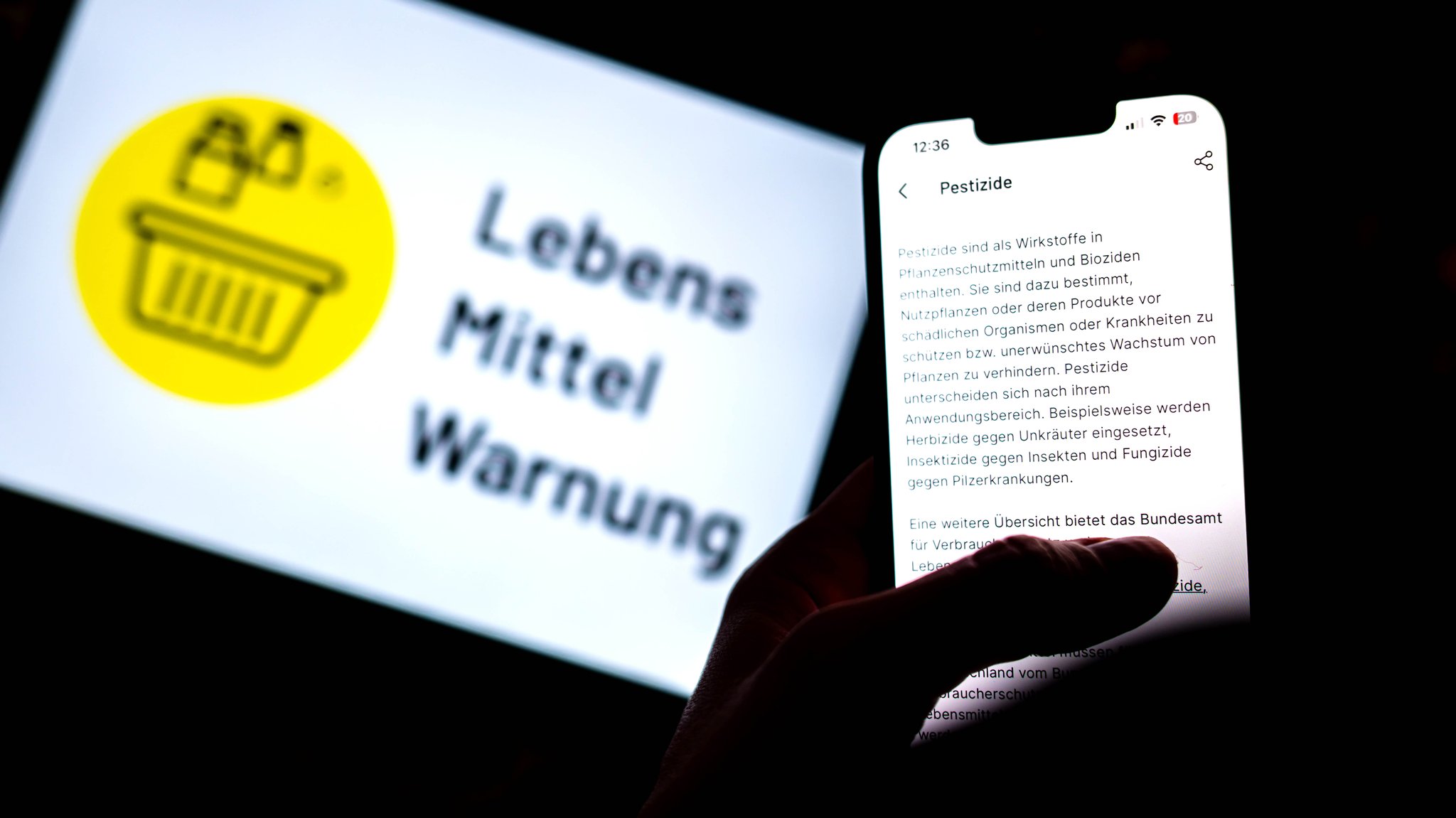 Eine Person hält ein Smartphone in der Hand, auf dem die App «Lebensmittelwarnung» geöffnet ist, auf dem Display ist der Informationstext «Pestizide» zu sehen. | Bild: picture alliance/dpa | Sina Schuldt Eine Person hält ein Smartphone in der Hand, auf dem die App «Lebensmittelwarnung» geöffnet ist, auf dem Display ist der Informationstext «Pestizide» zu sehen.