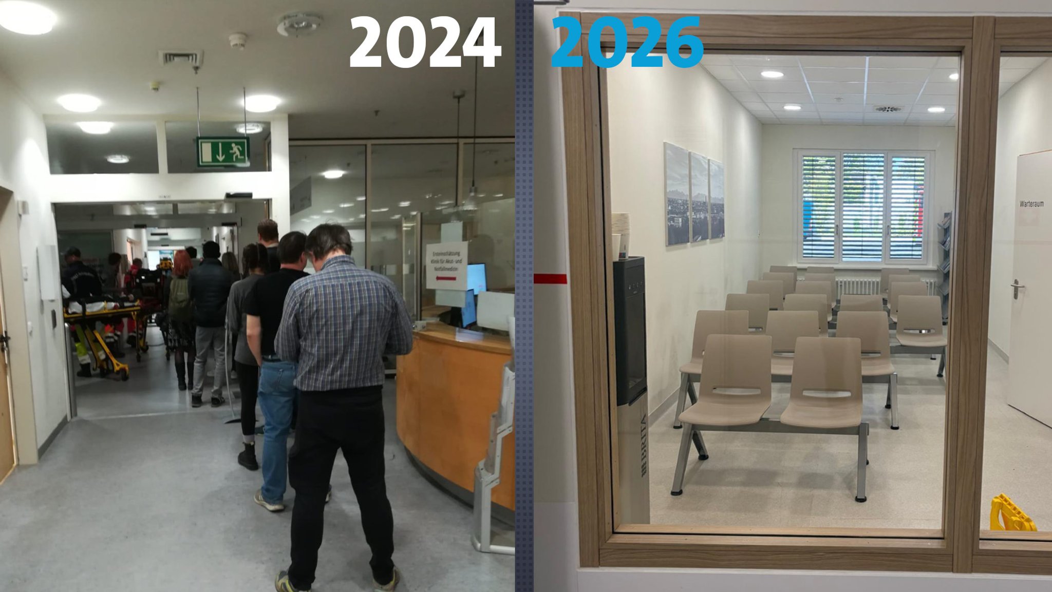 Zwei Fotos zeigen den Vergleich von 2024 und 2026: Damals eine lange Warteschlange vor der Notaufnahme, heute ein leerer Warteraum. | Bild: München Klinik/Montage BR Zwei Fotos zeigen den Vergleich von 2024 und 2026: Damals eine lange Warteschlange vor der Notaufnahme, heute ein leerer Warteraum.