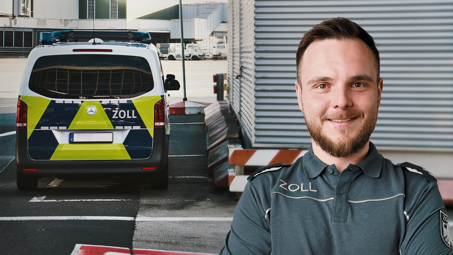 Mann in Zollbeamten-Uniform vor Zollfahrzeug 