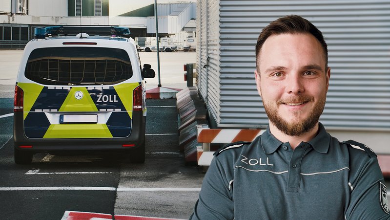 Mann in Zollbeamten-Uniform vor Zollfahrzeug | Bild: BR Mann in Zollbeamten-Uniform vor Zollfahrzeug