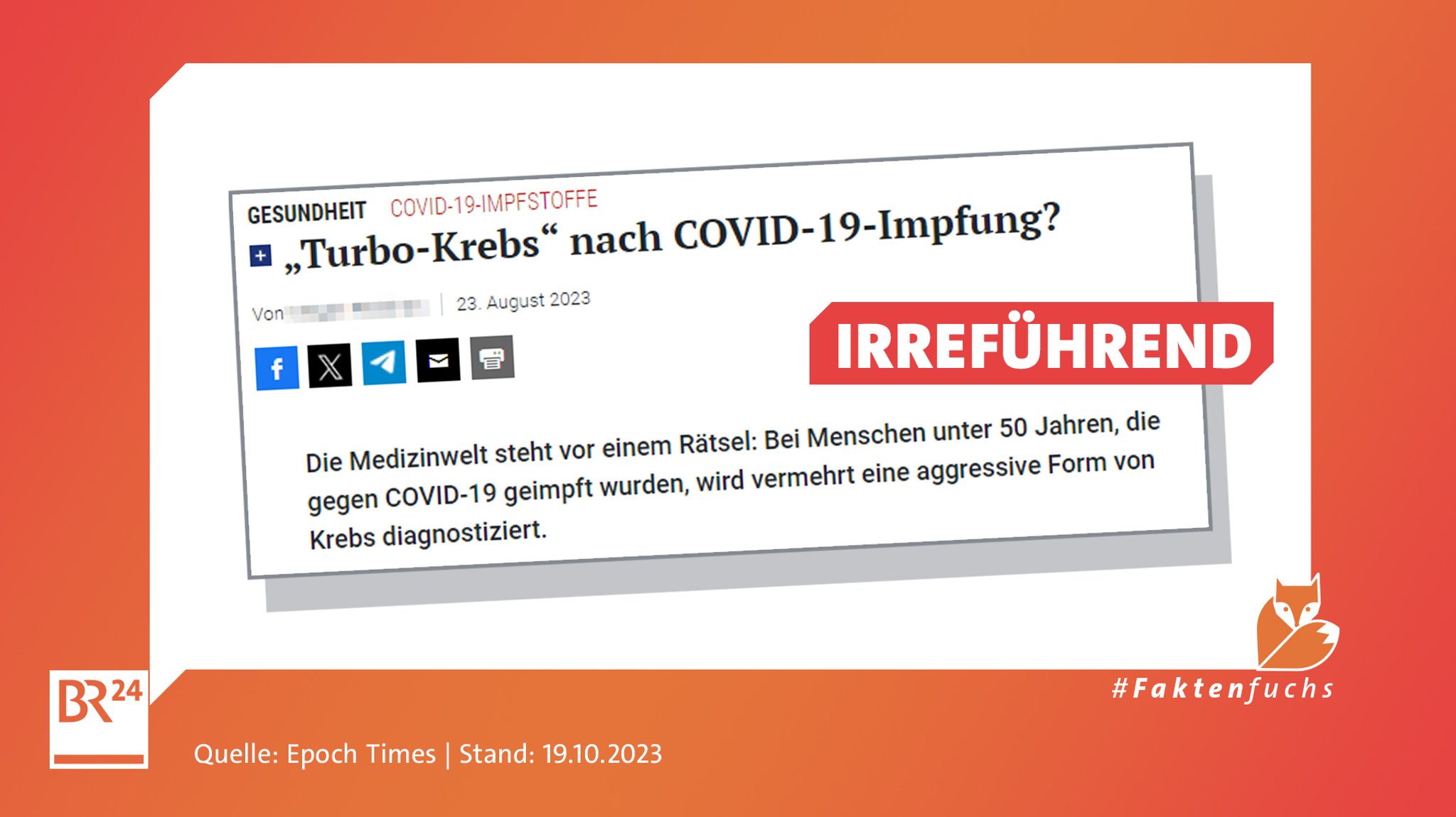 Screenshot eines Webartikels über "Turbo-Krebs" mit Falschbehauptungen, über dem Screenshot der Stempel "Irreführend".