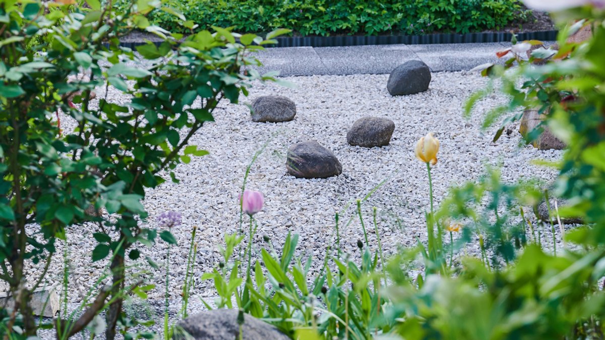 Größere und kleinere Steine liegen in einem Vorgarten.