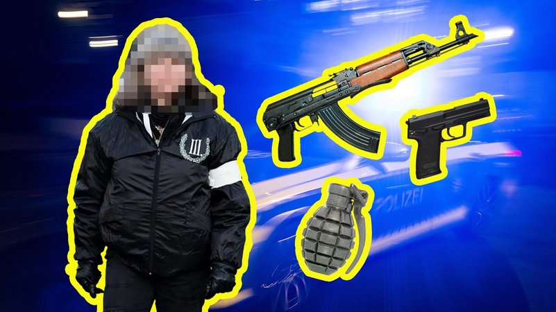 Symbolmontage: Die Neonazi-Aktivistin, Waffen und ein Polizeiauto. | Bild: Symbolmontage: Bilder: Jonas Miller; picture alliance/imageBROKER | Simon Belcher; picture alliance/imageBROKER|Markus Brunner; picture alliance/Westend61|Andreas Koschate; dpa-Bildfunk/Marijan Murat; Montage: BR Symbolmontage: Die Neonazi-Aktivistin, Waffen und ein Polizeiauto.