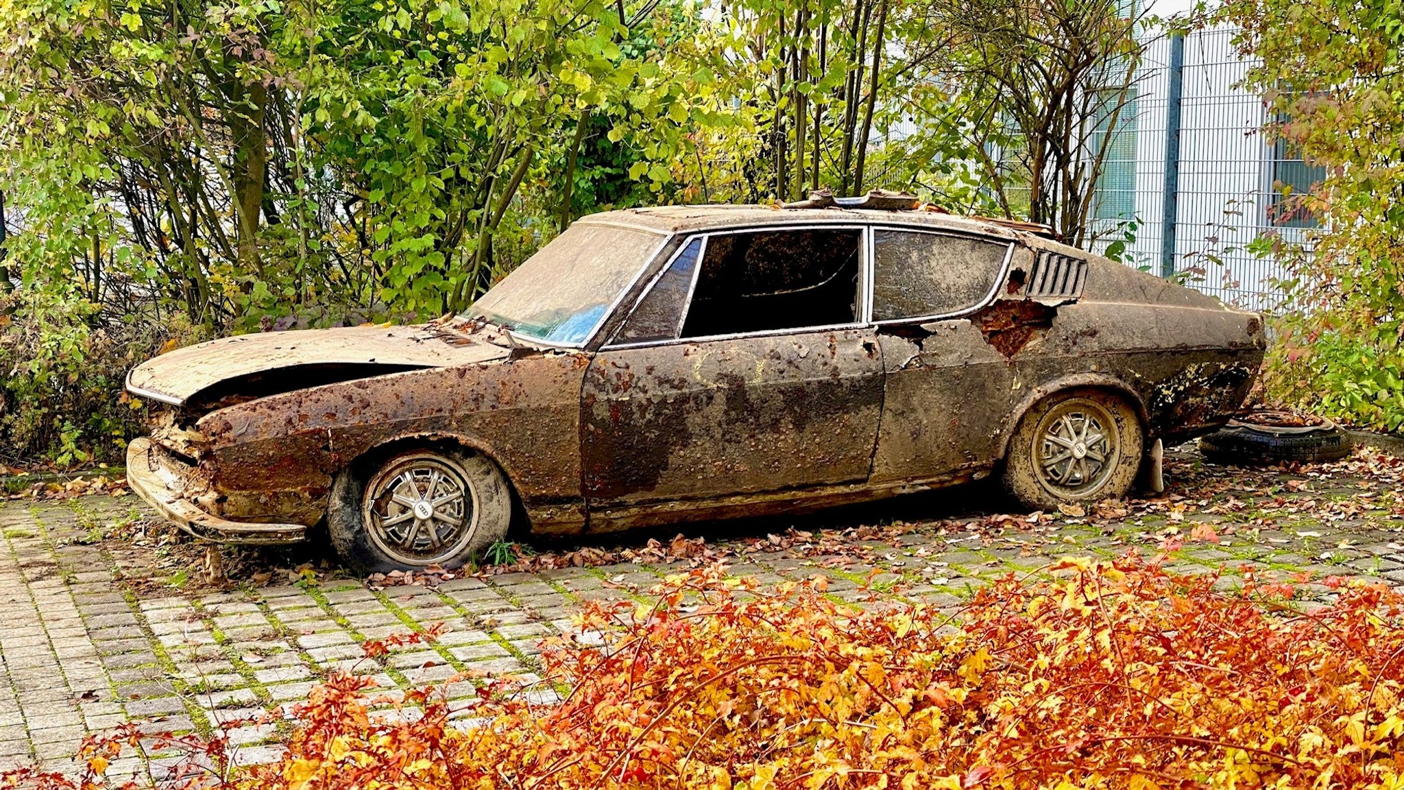 Das aus dem Pfreimdstausee gezogene Autowrack auf einem Parkplatz. Im Vordergrund buntes Herbstlaub.